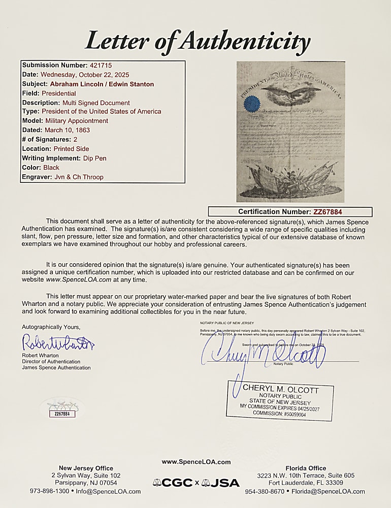 1863 Abraham Lincoln Signed Military Commission - JSA