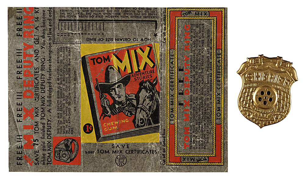 1934 R151 National Chicle Tom Mix Near-Complete Set (46/48) Plus Original Wax Wrapper, Mailing Envelope, and Promotional Badge