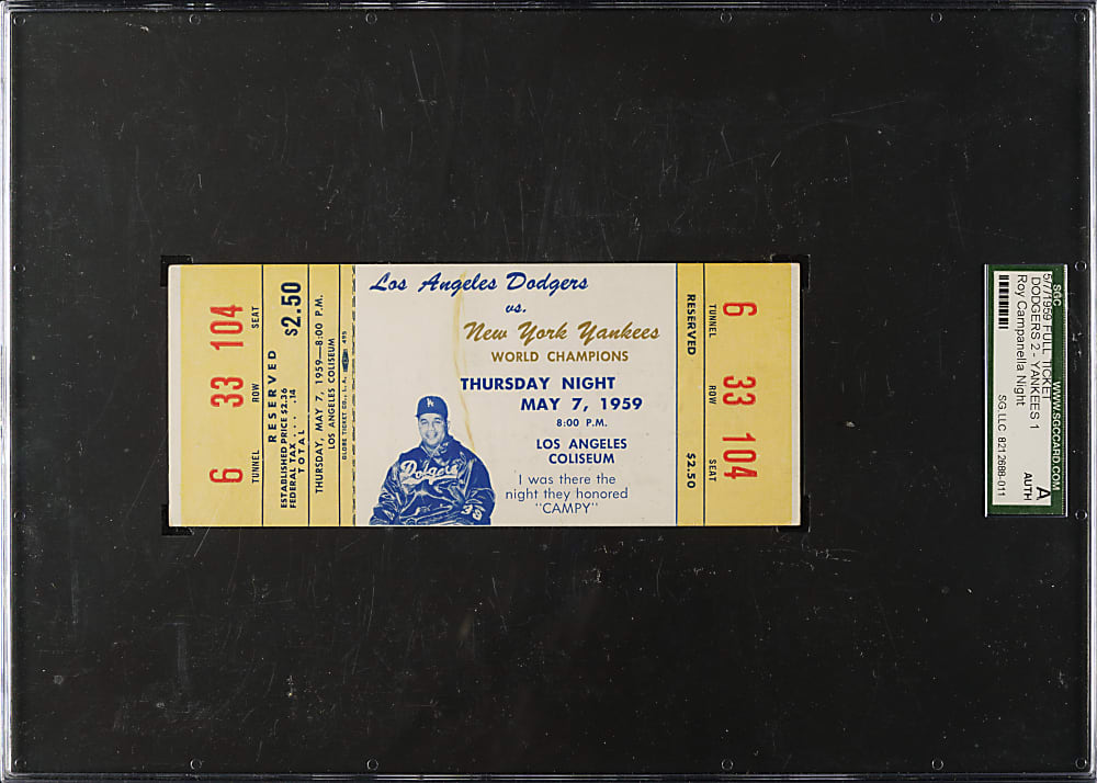 May 7, 1959 Los Angeles Dodgers (vs. New York Yankees) Exhibition Game Campanella Night Full Ticket - SGC