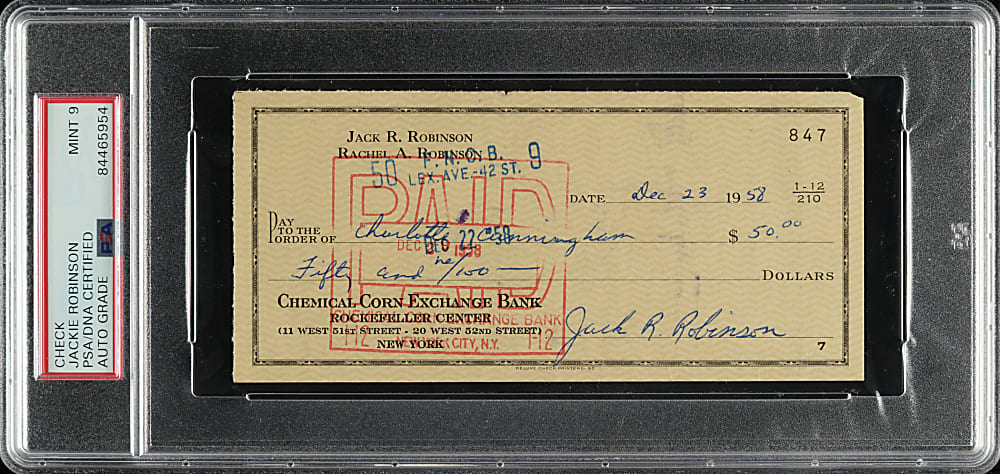 1958 Jackie Robinson Signed Check with Rachel Robinson Letter PSA/DNA MINT 9