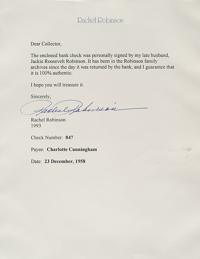 1958 Jackie Robinson Signed Check with Rachel Robinson Letter PSA/DNA MINT 9