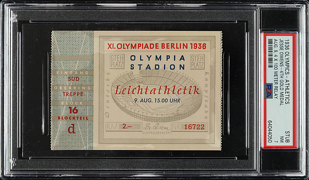 1936 Berlin Summer Olympic Ticket Stub PSA NM 7 - Jesse Owens Fourth Gold Medal