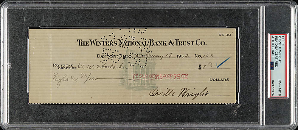 1932 Orville Wright Signed Check PSA/DNA NM-MT 8