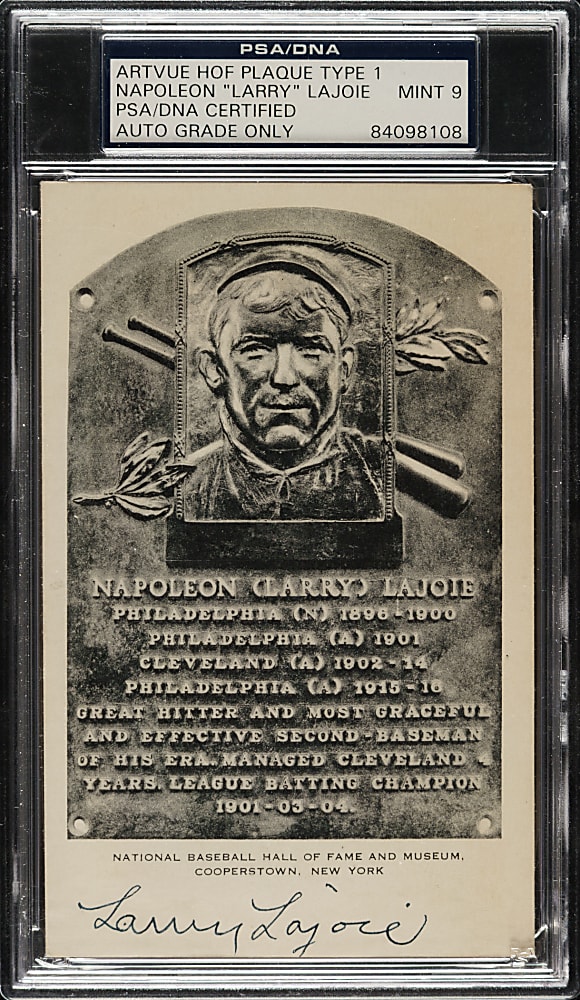 Signed 1953-1955 Artvue (Type 1) Black-and-White Hall of Fame Postcard Nap Lajoie PSA/DNA MINT 9