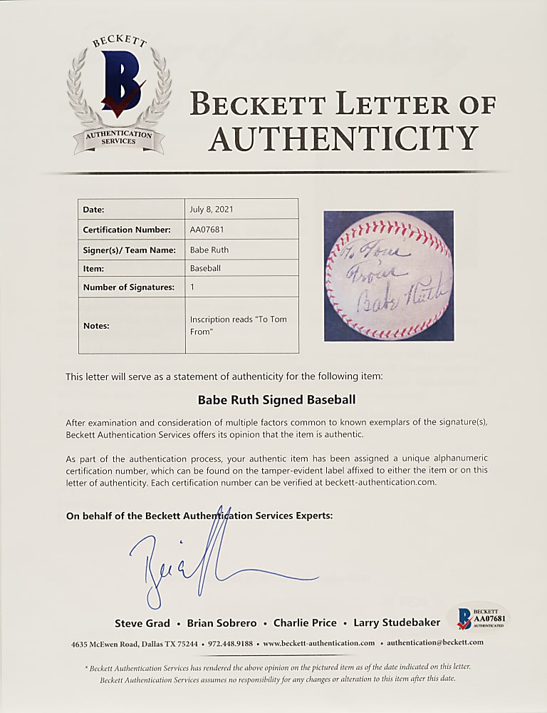 Babe Ruth Signed Baseball - Full LOAs from PSA/DNA, JSA, Beckett
