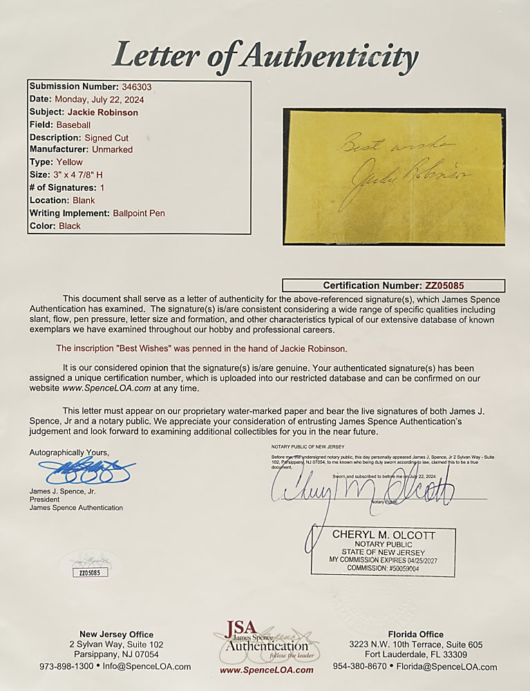 Jackie Robinson Cut Signature - JSA