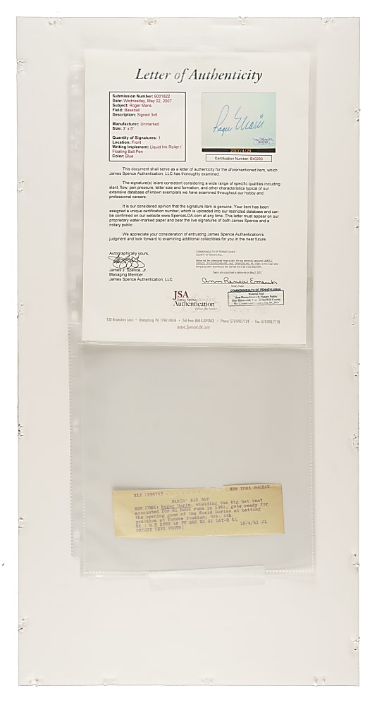 Roger Maris Cut Signature in Matted Display - JSA