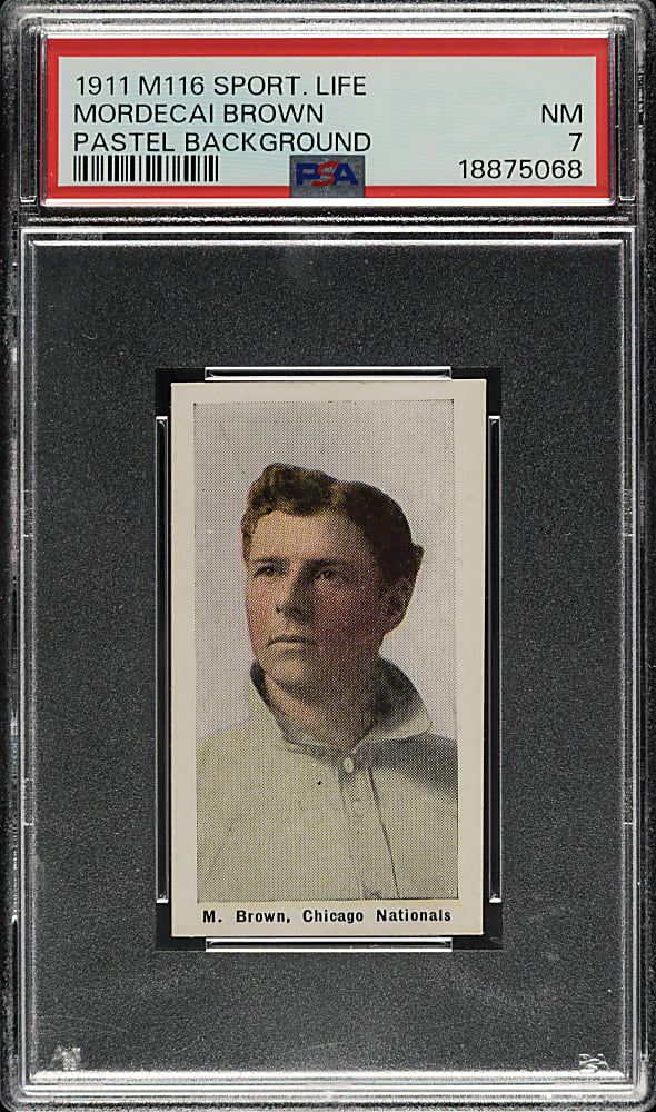 1910-1911 M116 Sporting Life Mordecai Brown Pastel Background PSA NM 7 - 1 of 3 - Highest Graded!