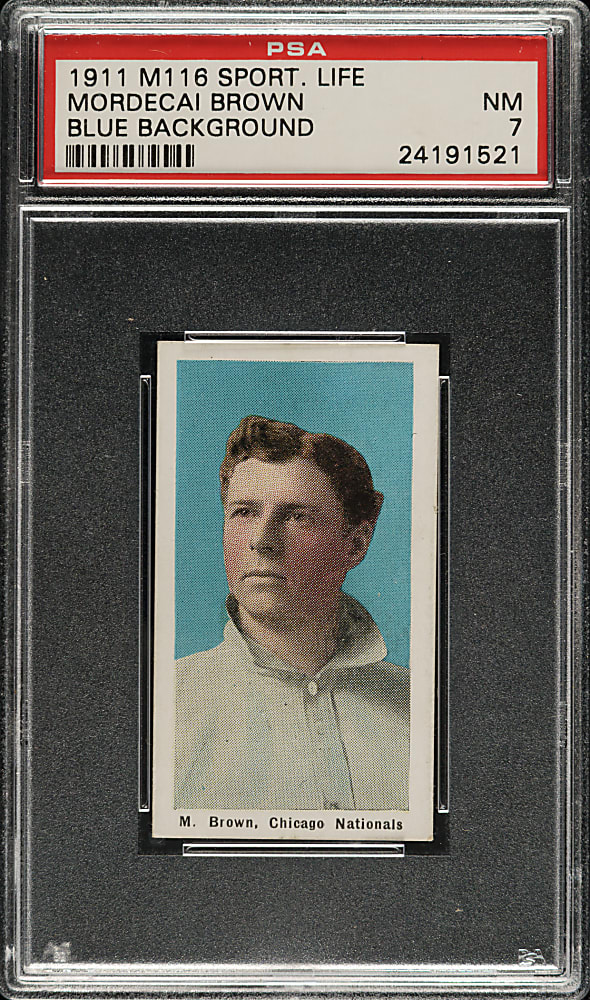 1910-1911 M116 Sporting Life Mordecai Brown Blue Background PSA NM 7