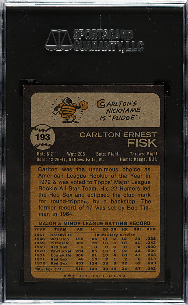 1973 Topps #193 Carlton Fisk SGC GEM MINT 10 - 1 of 1!