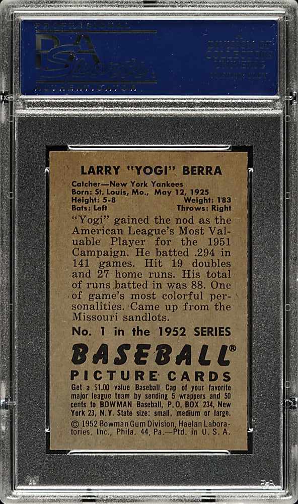 1952 Bowman #1 Yogi Berra PSA NM 7