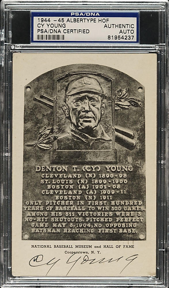 Signed 1944-1945 Albertype (Type 1) Black-and-White Hall of Fame Postcard Cy Young - PSA/DNA