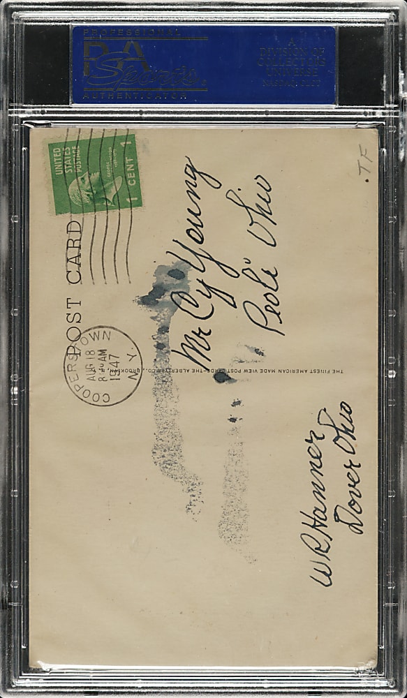 Signed 1944-1945 Albertype (Type 1) Black-and-White Hall of Fame Postcard Cy Young - PSA/DNA