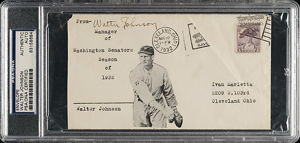 1932 Walter Johnson Signed Envelope - PSA/DNA