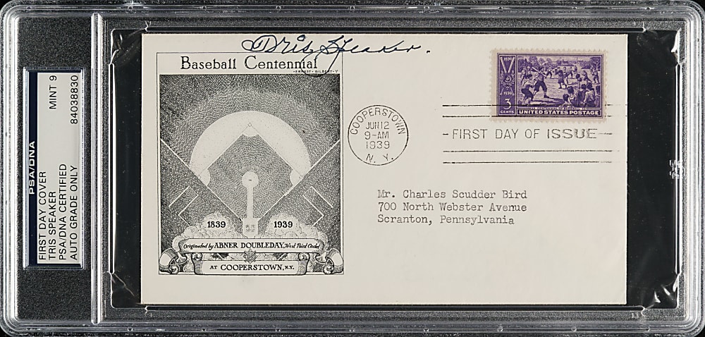 1939 Tris Speaker Signed Baseball Centennial First-Day Cover PSA/DNA MINT 9