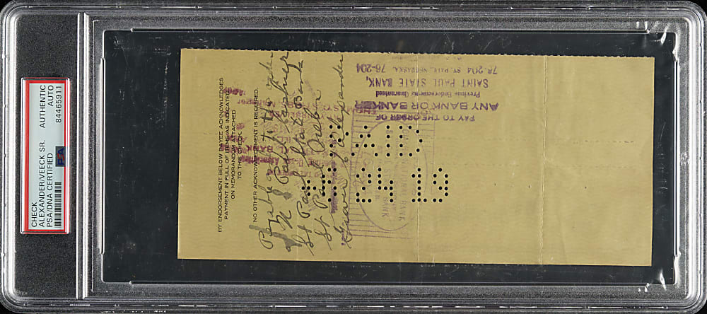 1919 Grover Alexander Endorsed Chicago Cubs Payroll Check - PSA/DNA