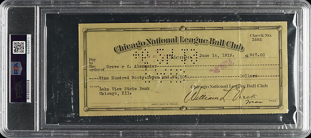 1919 Grover Alexander Endorsed Chicago Cubs Payroll Check - PSA/DNA