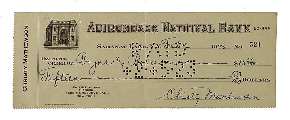 1923 Christy Mathewson Signed Check with Letter From Mrs. Mathewson!