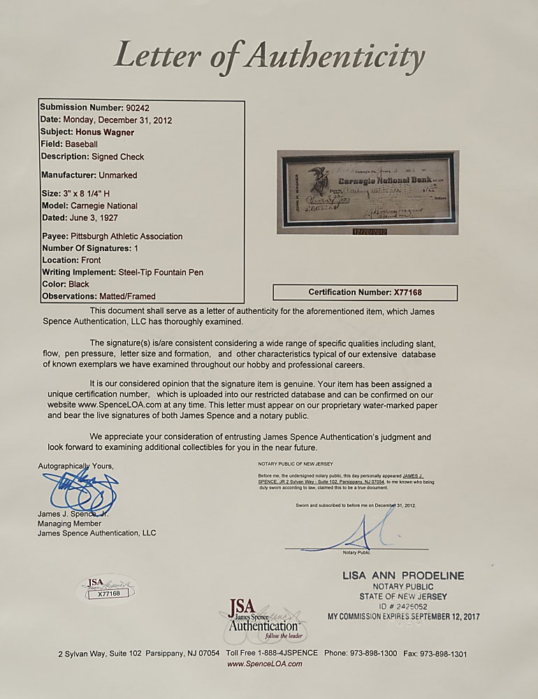 1927 Honus Wagner Signed Check - JSA