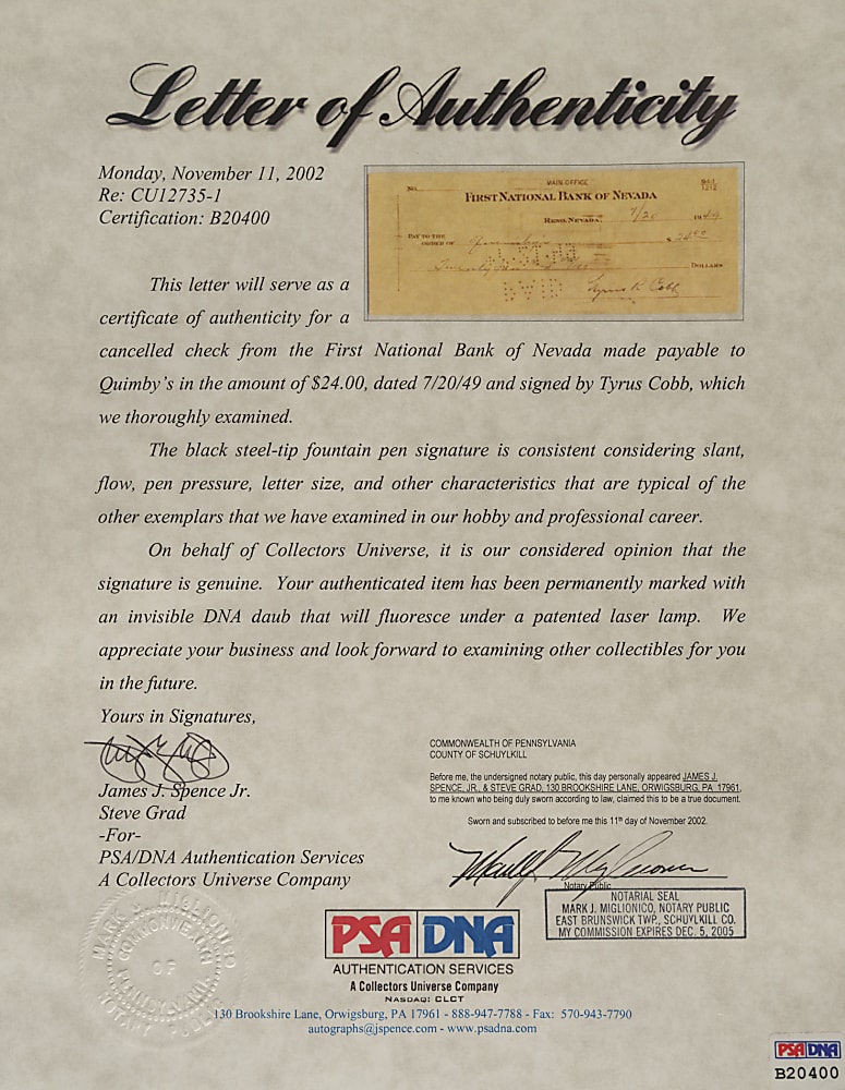 1949 Ty Cobb Signed Check - PSA/DNA