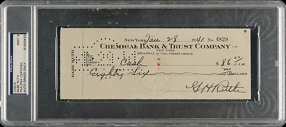 1941 Babe Ruth Signed Check PSA/DNA MINT 9