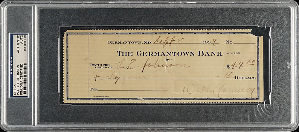 1939 Walter Johnson Signed Check - PSA/DNA