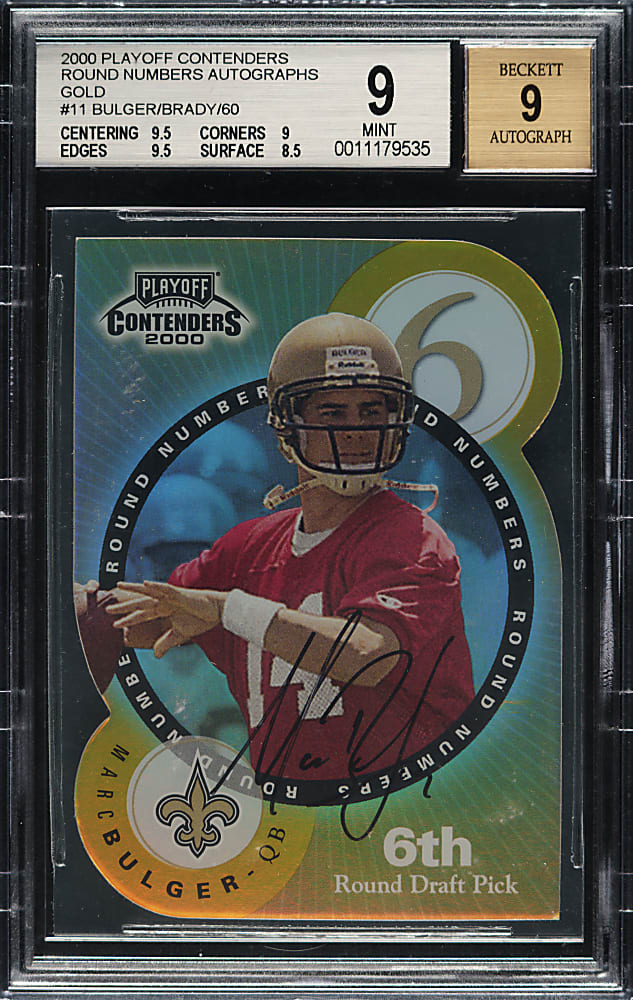 2000 Playoff Contenders Football #11 Tom Brady Rookie Gold Round Numbers Autographs #58/60 BGS MINT 9 with MINT 9 Signature