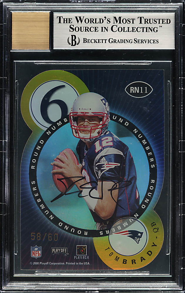 2000 Playoff Contenders Football #11 Tom Brady Rookie Gold Round Numbers Autographs #58/60 BGS MINT 9 with MINT 9 Signature
