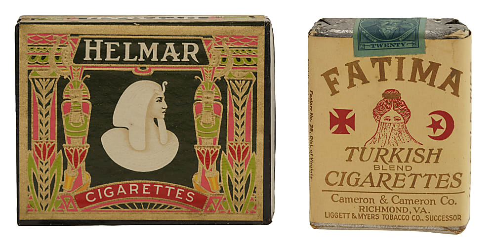 Circa 1930s Fatima Turkish Cigarettes Unopened Tobacco Pack and Circa 1950s Helmar Cigarette Box Pair
