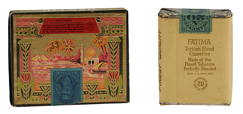 Circa 1930s Fatima Turkish Cigarettes Unopened Tobacco Pack and Circa 1950s Helmar Cigarette Box Pair