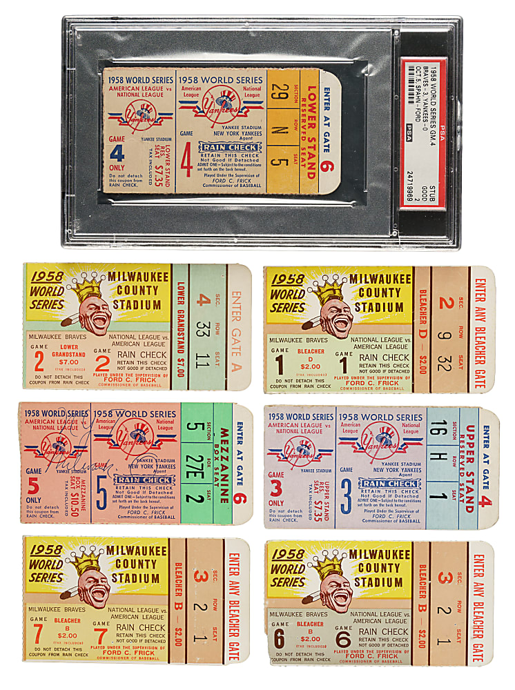 1958 New York Yankees vs. Milwaukee Braves World Series Ticket Stub Complete Run (7) Including One PSA-Graded Ticket
