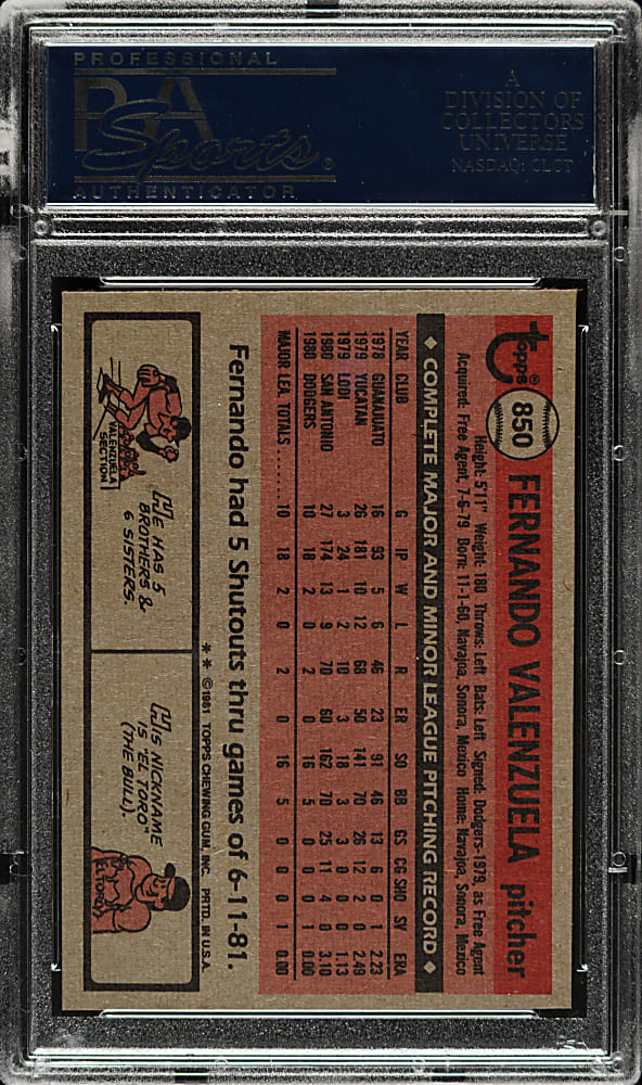 1981 Topps Traded #850 Fernando Valenzuela Rookie PSA GEM MINT 10