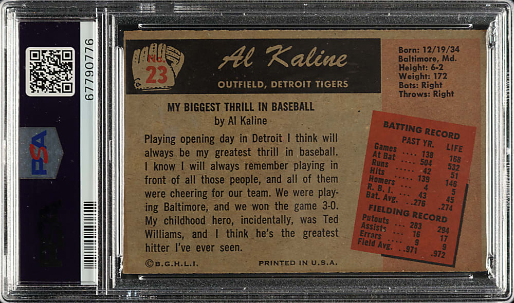 1955 Bowman #23 Al Kaline PSA MINT 9 - Highest Graded!