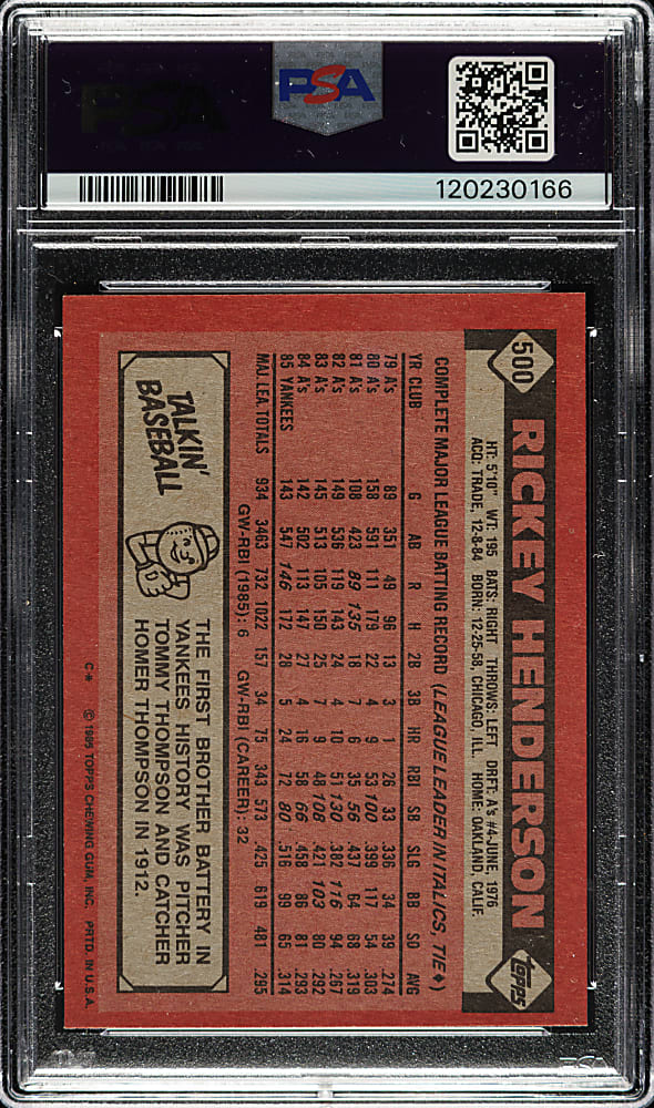 1986 Topps #500 Rickey Henderson PSA GEM MINT 10