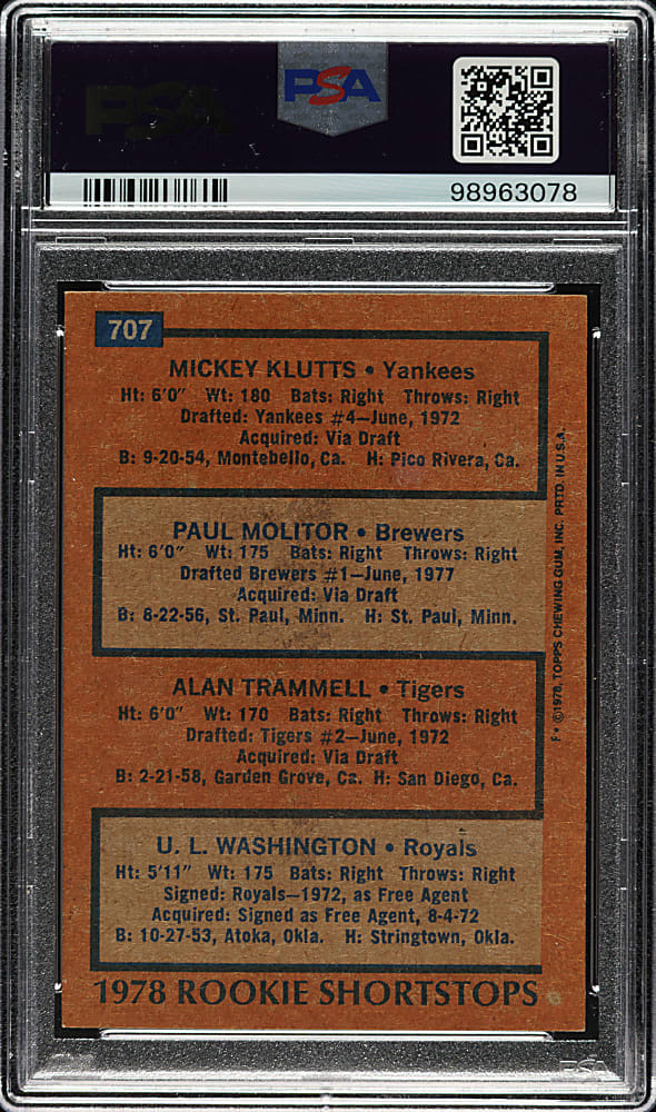 Signed 1978 Topps #707 Paul Molitor and Alan Trammell Rookie PSA MINT 9 (ST) with MINT 9 Signature