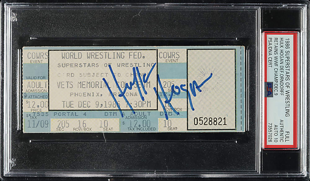 1986 Superstars of Wrestling Full Ticket Signed by Hulk Hogan PSA/DNA GEM MINT 10 - Hulk Hogan Defeated Paul Orndorff WWF Champion