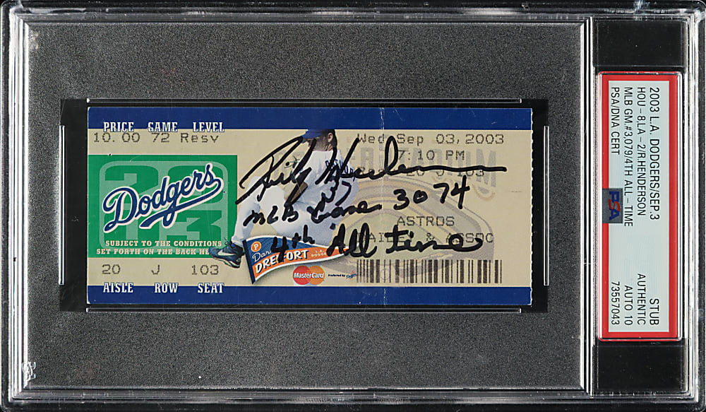 September 3, 2003 Los Angeles Dodgers (vs. Houston Astros) Ticket Stub Signed by Rickey Henderson with Inscription PSA/DNA GEM MINT 10 - Fourth All-Time Games Played