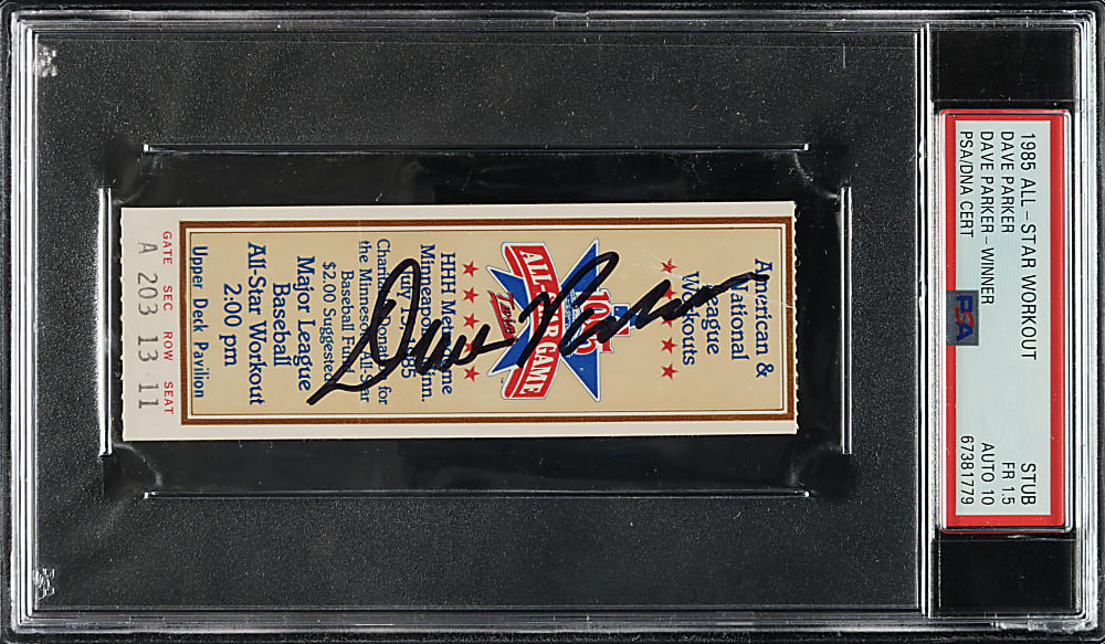 1985 All-Star Workout Ticket Stub Signed by Dave Parker PSA FAIR 1.5 with GEM MINT 10 Signature - Dave Parker First Home Run Derby Winner
