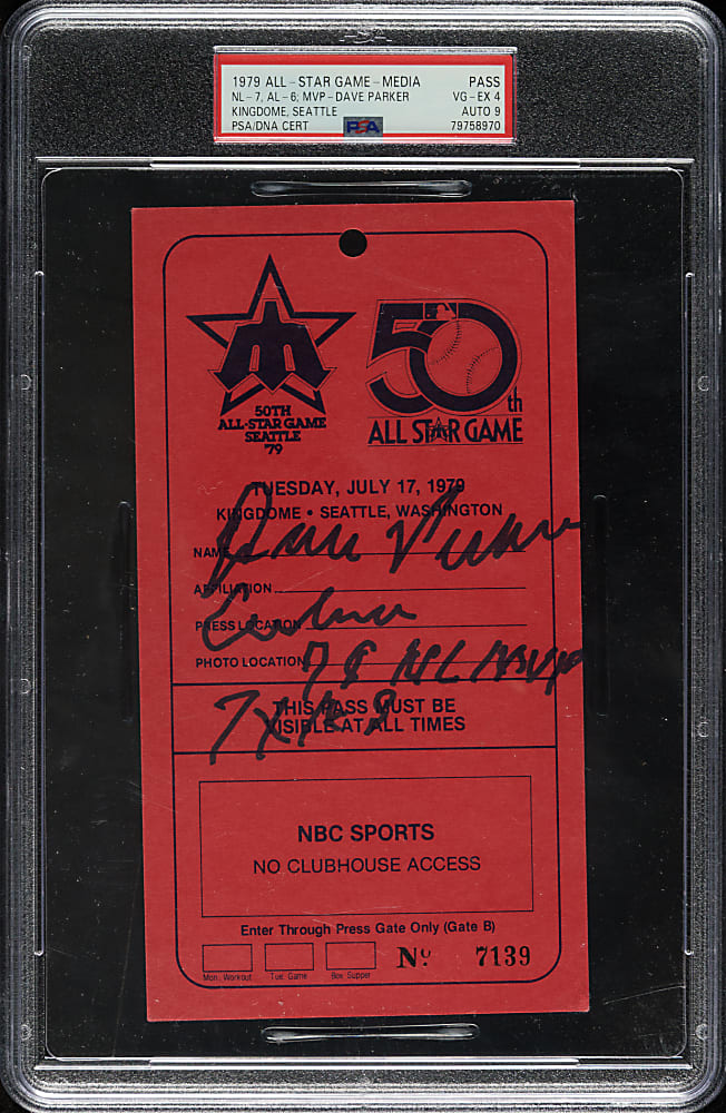 1979 All-Star Game Media Pass Signed by Dave Parker with Multiple Inscriptions PSA VG-EX 4 with MINT 9 Signature