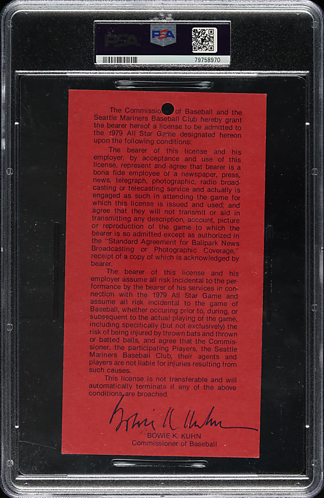 1979 All-Star Game Media Pass Signed by Dave Parker with Multiple Inscriptions PSA VG-EX 4 with MINT 9 Signature