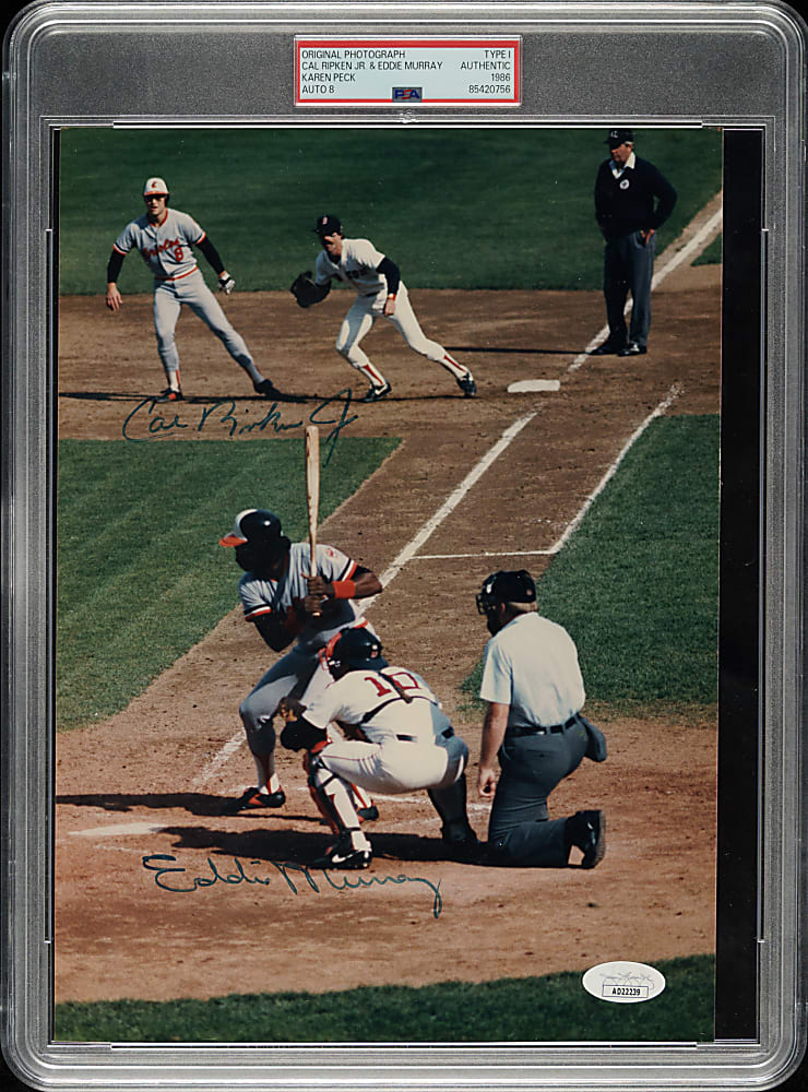 1986 Cal Ripken Jr. and Eddie Murray Original Karen Peck Photograph PSA/DNA Type I with NM-MT 8 Signature