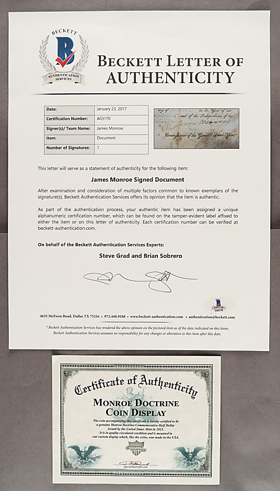 1818 James Monroe Signed Land Grant - Signed as President - Beckett