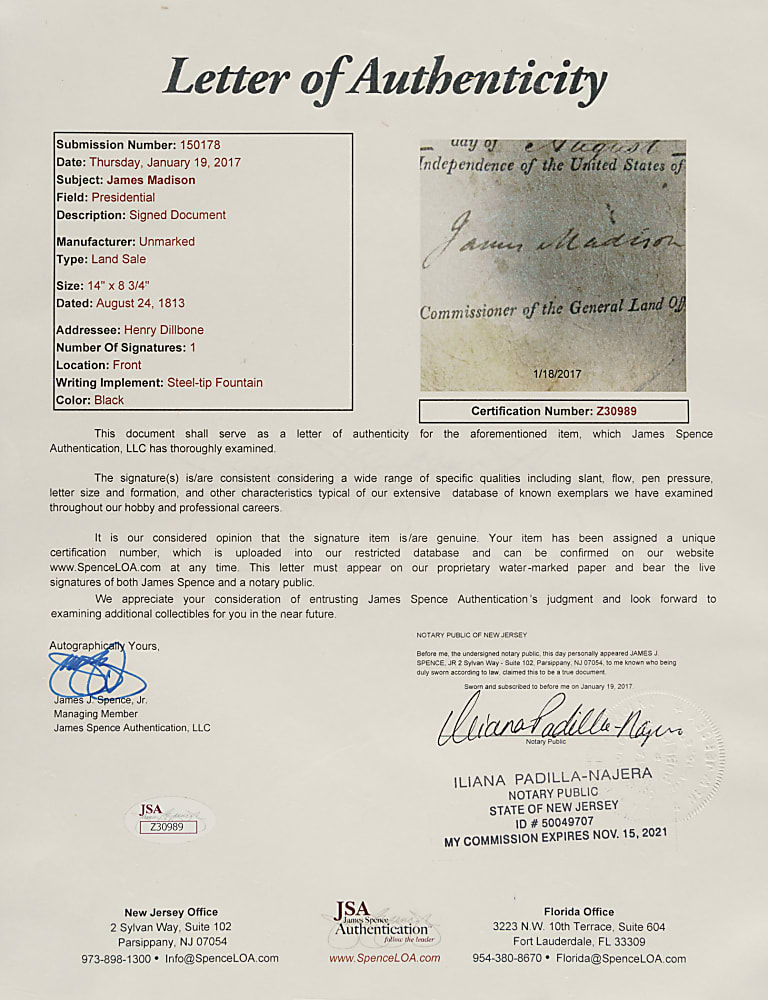 1814 James Madison Signed Land Grant - Signed as President - JSA