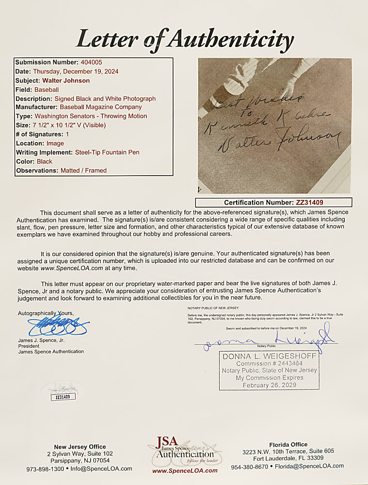 Walter Johnson Signed M114 Baseball Magazine Premium in Framed Display - JSA