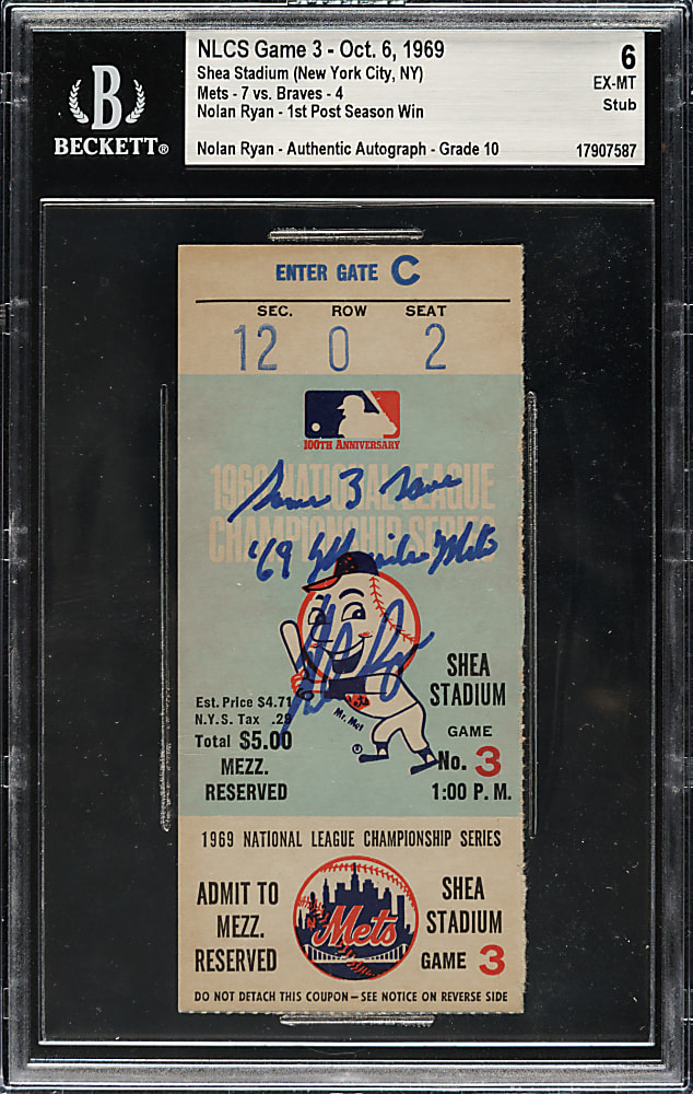 October 6, 1969 New York Mets (vs. Atlanta Braves) NLCS Game 3 Ticket Stub Signed by Nolan Ryan with Multiple Inscriptions BGS EX-MT 6 with GEM MINT 10 Signature - Nolan Ryan First Post Season Win