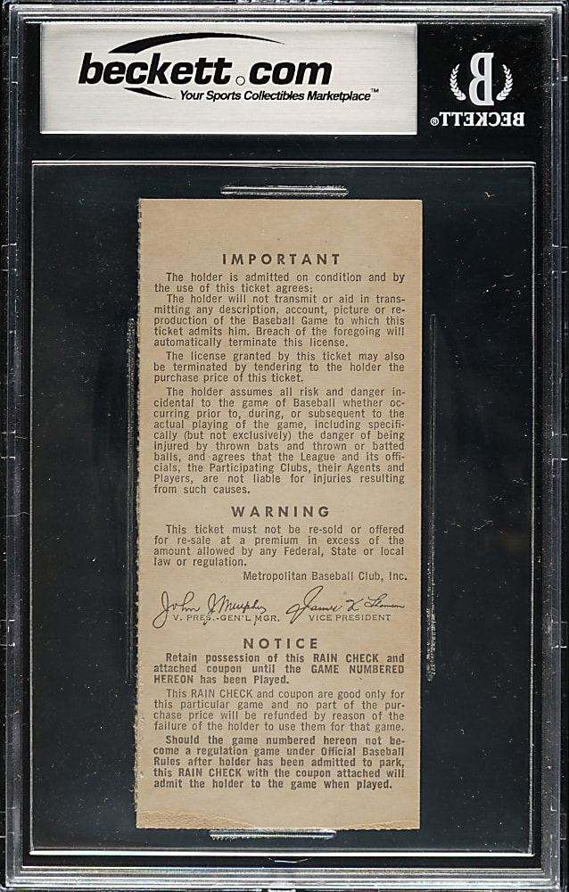 October 6, 1969 New York Mets (vs. Atlanta Braves) NLCS Game 3 Ticket Stub Signed by Nolan Ryan with Multiple Inscriptions BGS EX-MT 6 with GEM MINT 10 Signature - Nolan Ryan First Post Season Win