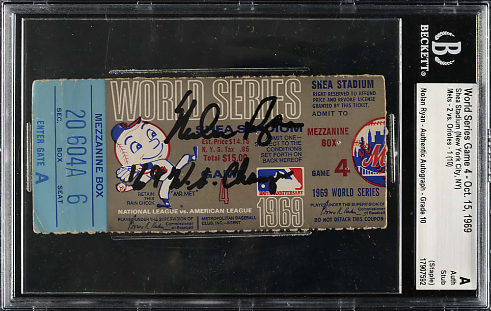 October 15, 1969 New York Mets (vs. Baltimore Orioles) World Series Game 4 Ticket Stub Signed by Nolan Ryan with Inscription Beckett GEM MINT 10 Signature