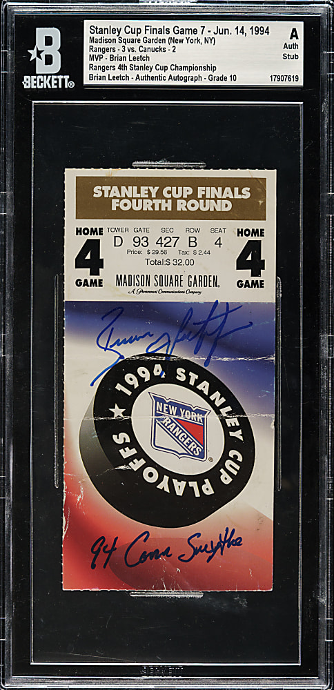 1994 New York Rangers (vs. Vancouver Canucks) Stanley Cup Game 7 Ticket Stub Signed by Brian Leetch with Inscription Beckett GEM MINT 10 Signature
