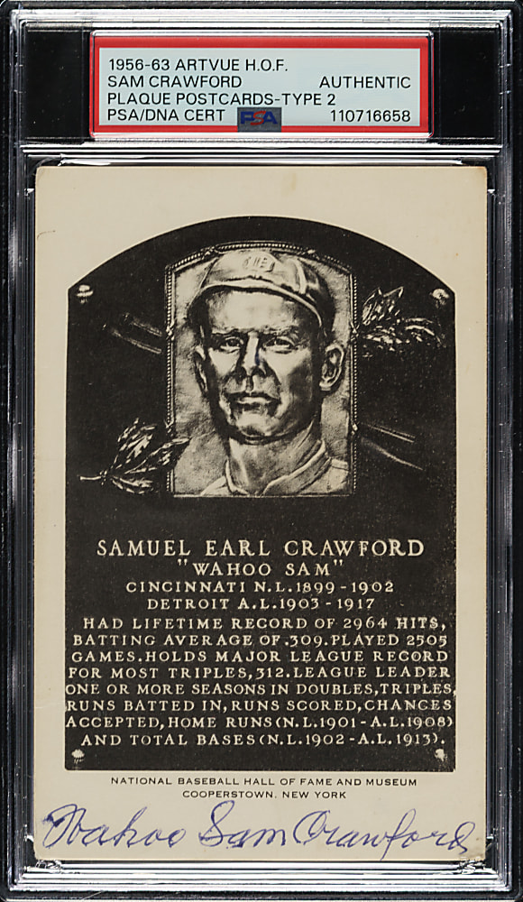 Twice-Signed 1956-1963 Artvue (Type 2) Black-and-White Hall of Fame Postcard Sam Crawford - PSA/DNA