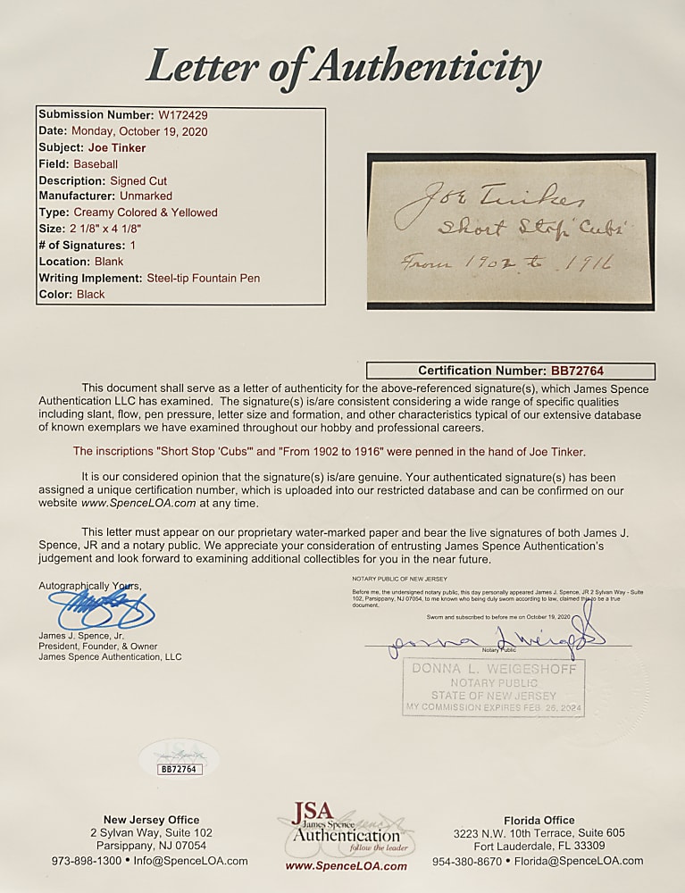 Joe Tinker Cut Signature with "Short Stop Cubs" and "From 1902 to 1916" Inscriptions - JSA